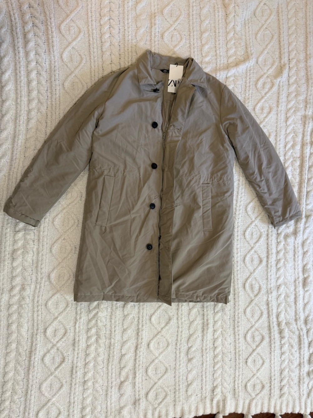 Zara Men’s Padded Trench Coat Beige Medium Zip Button Overcoat Jacket NWT - Picture 3 of 15